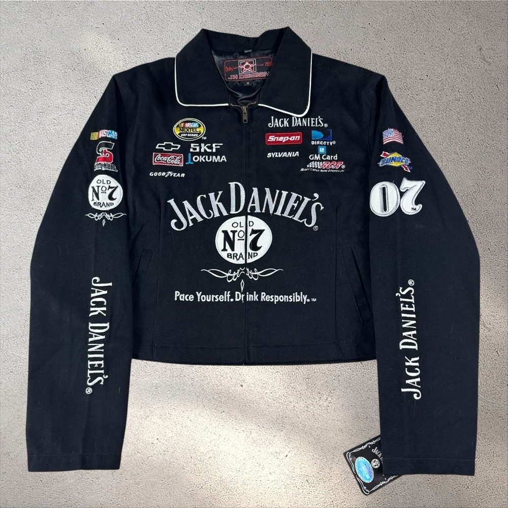 VTG Deadstock JH Design Jack Daniels Racing Jacket Womens Medium Crop‎ NWT NOS